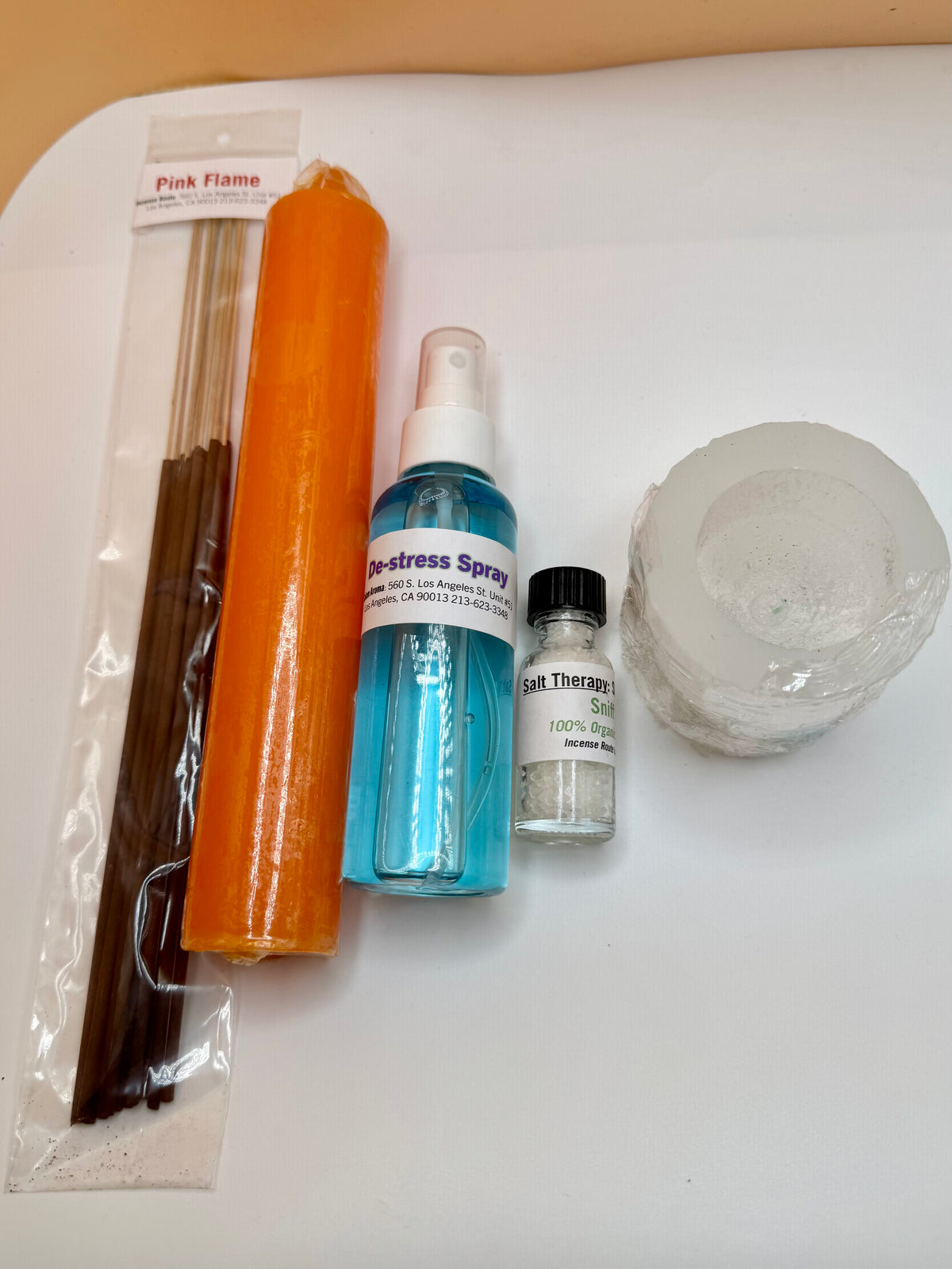 De-Stress and Unwind Bundle with aromatherapy, incense, candle holder, taper candles, and spray - Incense Route