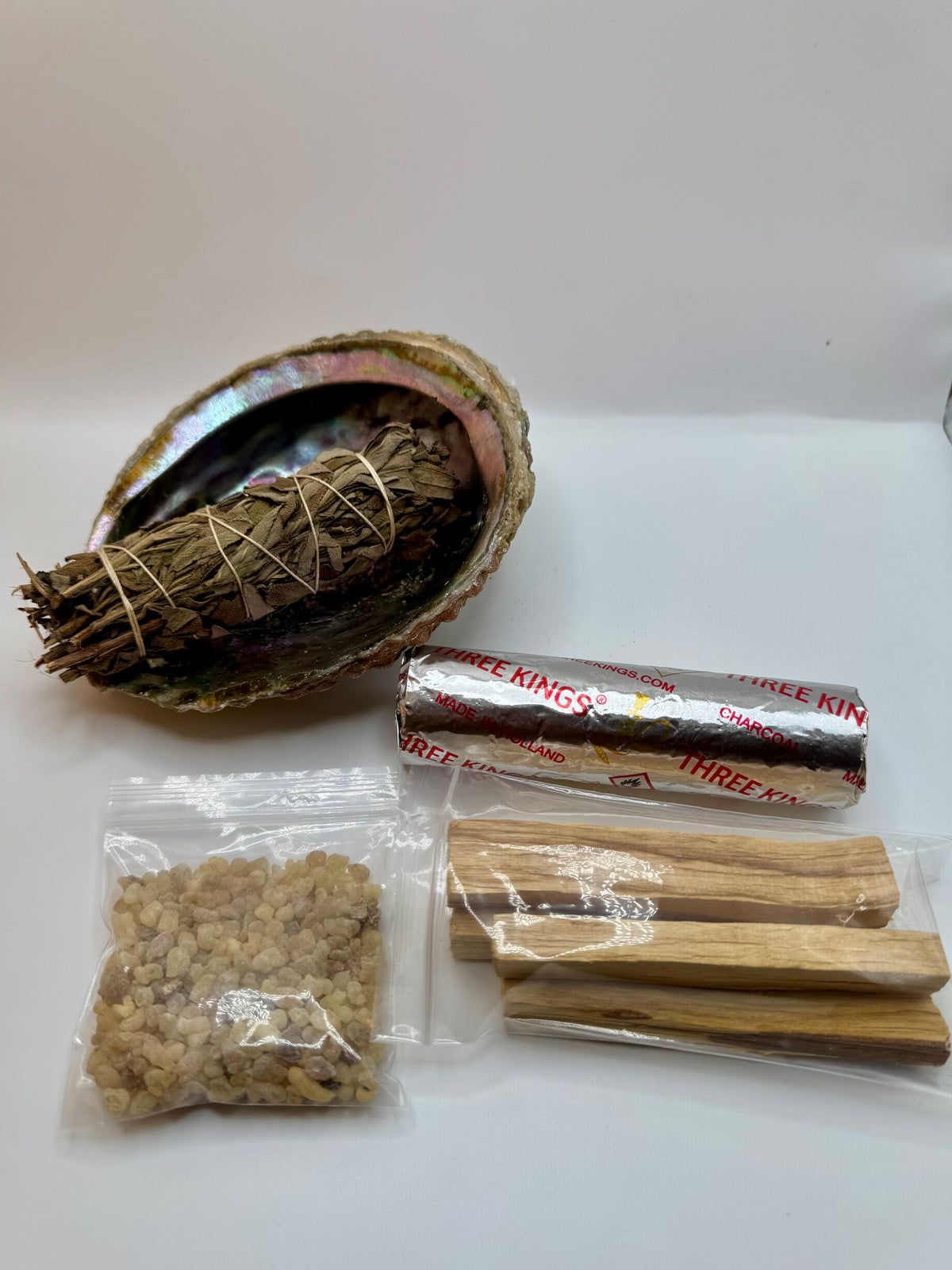Aura Cleansing Bundle with black sage, Palo Santo, abalone shell, charcoal tablets, and frankincense resin - Incense Route
