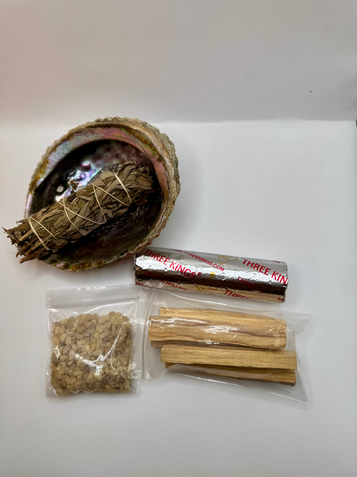 Aura Cleansing Bundle with black sage, Palo Santo, abalone shell, charcoal tablets, and frankincense resin - Incense Route