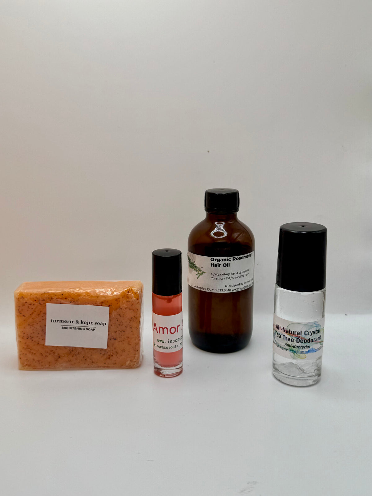 Self-Love Bundle with rosemary hair oil, alum deodorant, brightening soap, and Amor Amor roll-on - Incense Route