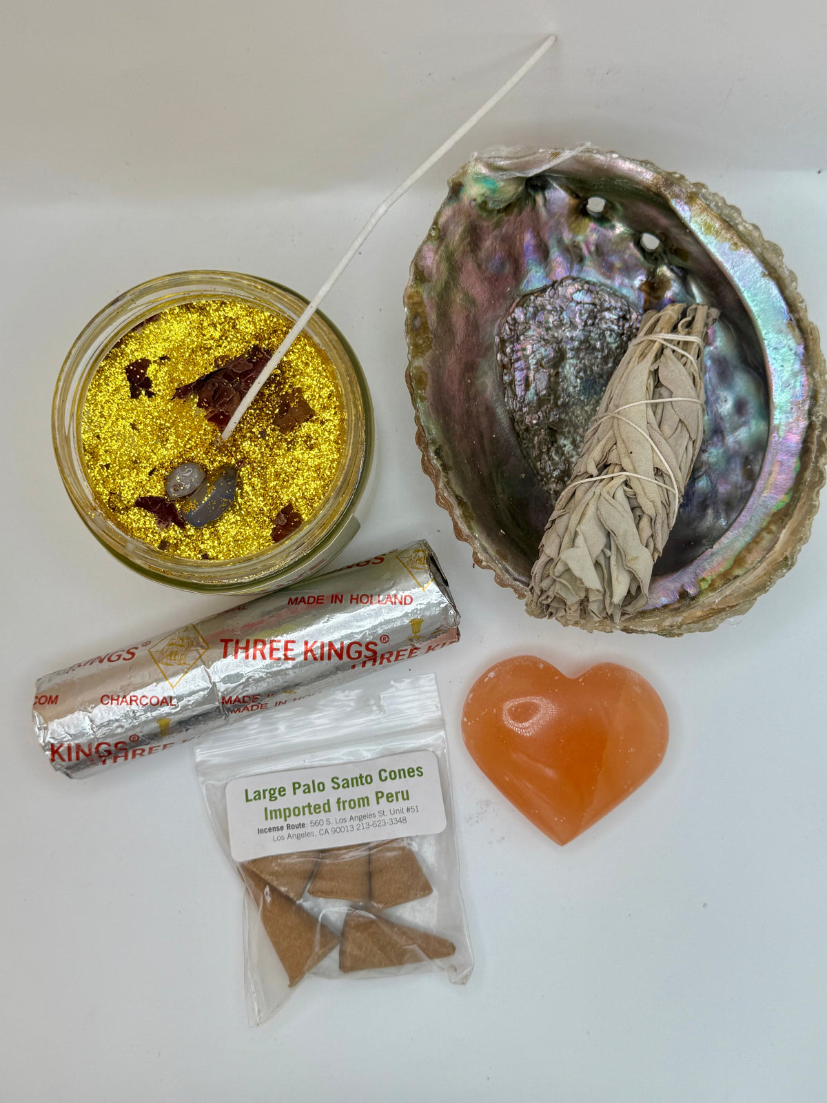 Same-Day Housewarming Gift Bundle with selenite heart, white sage, abalone shell, candle, Palo Santo cones, and charcoal