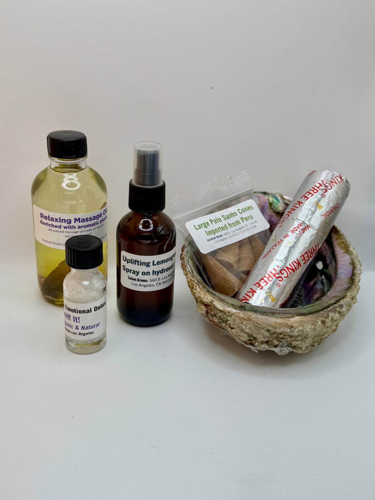 Relaxing Bundle with massage oil, portable salt therapy, Palo Santo cones, charcoal, abalone shell, and lemongrass hydrosol spray - Incense Route